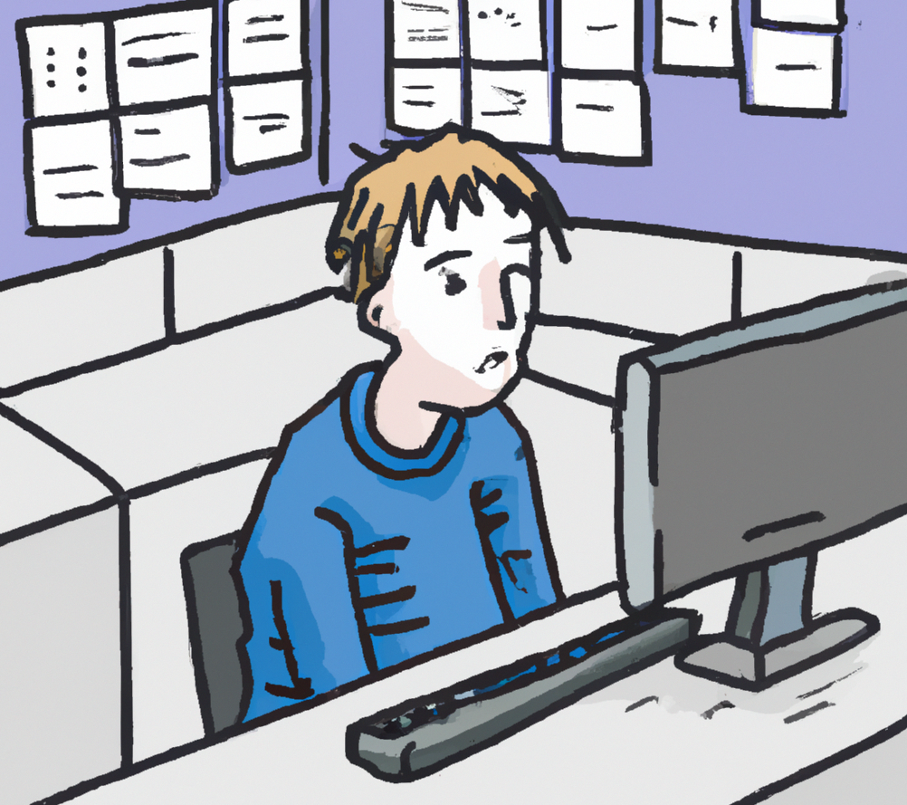 Sad software developer, sitting alone in a cubicle