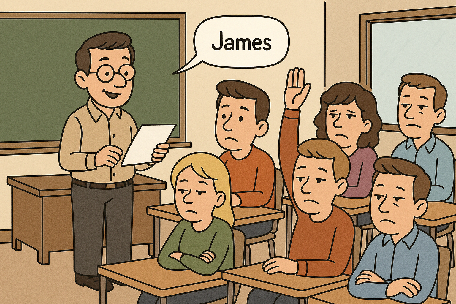 adults bored, and sitting in a class room during roll call