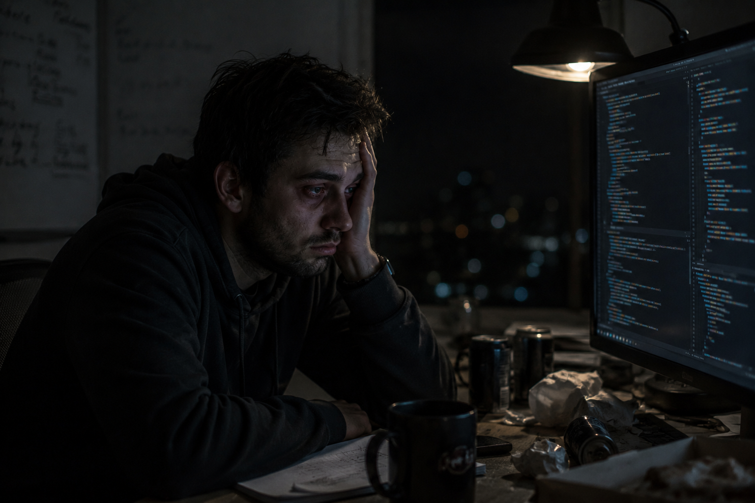 A very tired person sitting in front of a computer in the dark