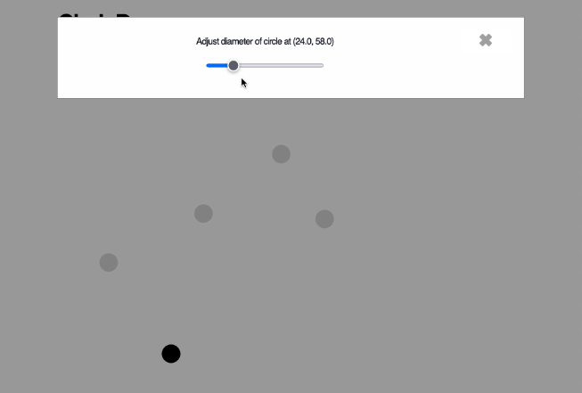 Several circles. One selected. A modal opened with a range input to change the diameter