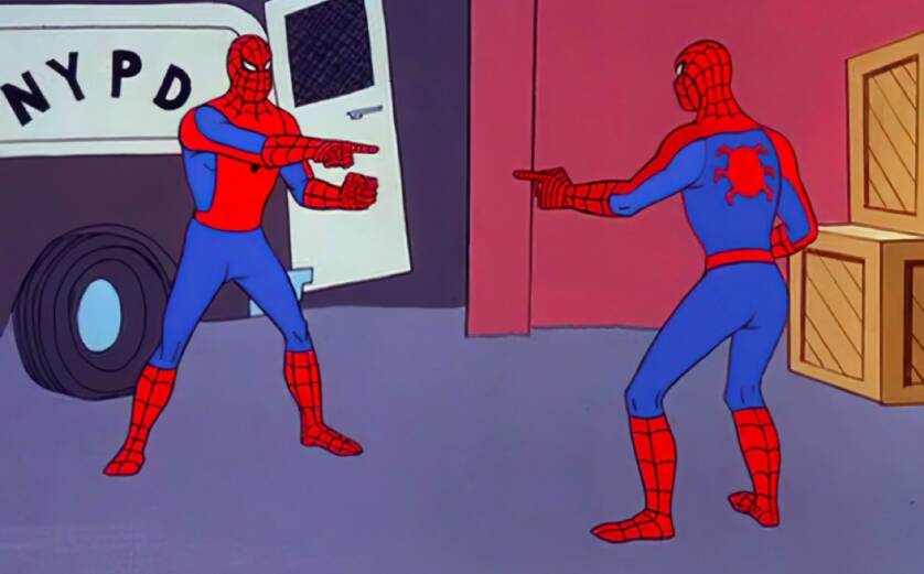 Two spider-mans pointing at each other.